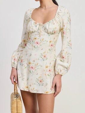 Emory Park Cream Floral Puff-Sleeve Mini Dress Ruched Sweetheart Neckline Small